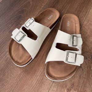 RUBI White Two Buckle Vegan Sandals Women’s Shoe Sz 38 (7-7 1/2) Worn Once EUC